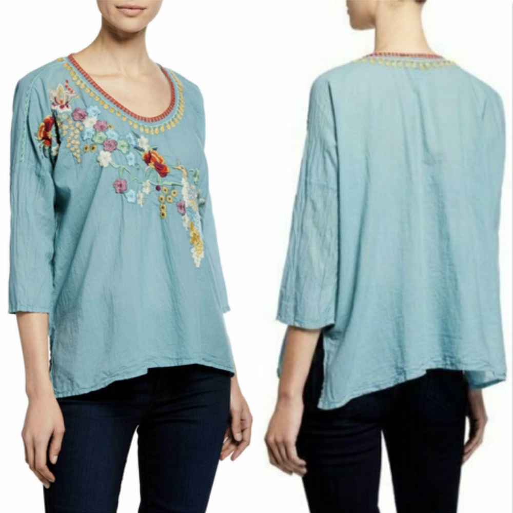 JOHNNY WAS MERIELLE BLUE FLORAL EMBROIDERY COTTON BLOUSE SIZE S